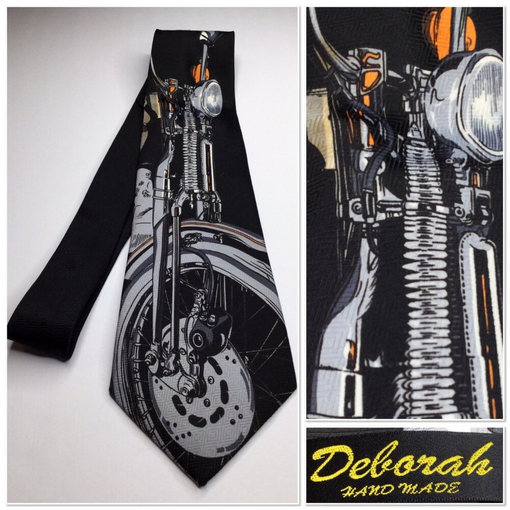 Vintage Motorcycle Graphic Necktie Deborah Handmade Black & Gray Made In Korea